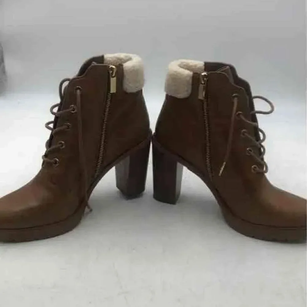 Michael Kors MK Designer Kim Brown Leather Lace Up Block Heel Booties Size US 10 - Picture 4 of 8